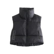 Womens Cropped Puffer Vest Stand Collar Crop Puffy Vest Cotton-Padded Ladies Coat Fall Winter Warm Jacket