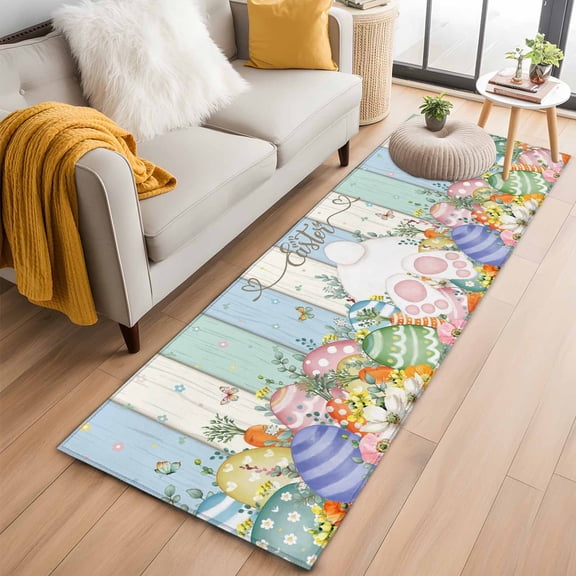 Easter 2'x6' Runner Rugs for Hallway Kitchen Bedside Non Slip Washable, Spring Rabbit Ears Foot Flowers Eggs Green Wooden Entryway Rug Runners with Rubber Backing, Long Carpet Runner for Laundry Room
