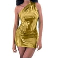 thumbnail image 2 of Usmixi Summer Dresses for Women Sleeveless Slash Neck Solid Mini Sun Dress Night Club Party Bodycon Dresses Sequin One Shoulder Dresses Gold M Up to 65% off, 2 of 7