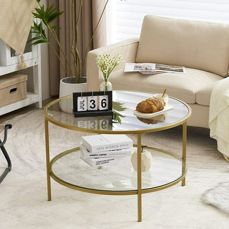 ONKER Glass Coffee Table, 30" Round Champagne Gold Coffee Tables for Living Room,2-Tier Glass Top Coffee Table with Storage Clear Coffee Table,Simple & Modern Center Table Mesa de Centro para Sala