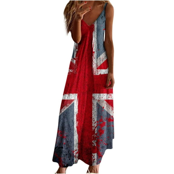 pimelu Dresses for Women Womens Summer Dresses 4th July Patriotic Spaghetti Strap Maxi Dresses Summer Trendy US Flag Print Sleeveless V-Neck Women Long Sundresses