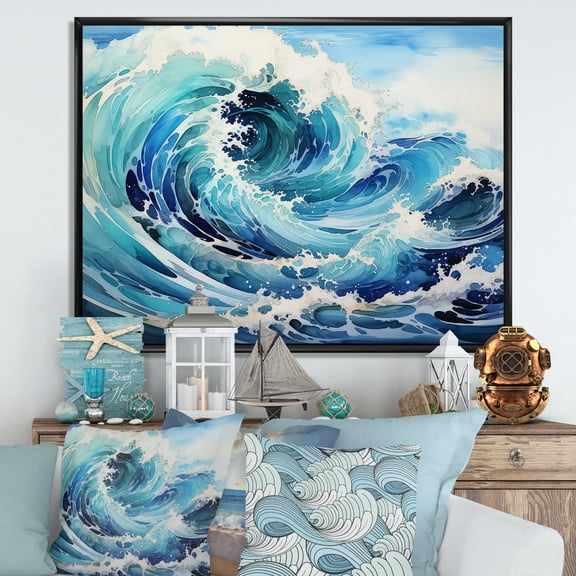 Designart "Ocean Storm With Blue Waves" Ocean Floater Framed Canvas Art Print