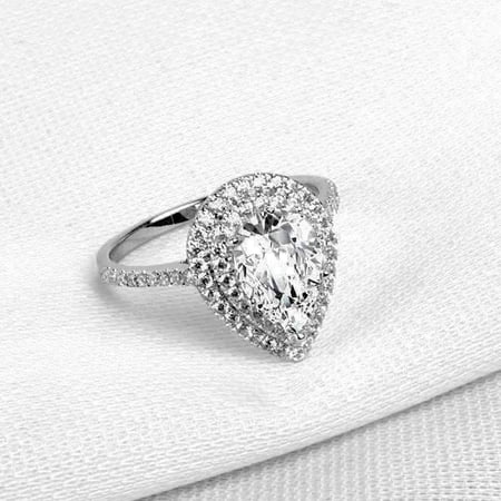 - Aurora 2CT Pear Cut Double Pav Halo IOBI Cultured Diamond Ring 7.5