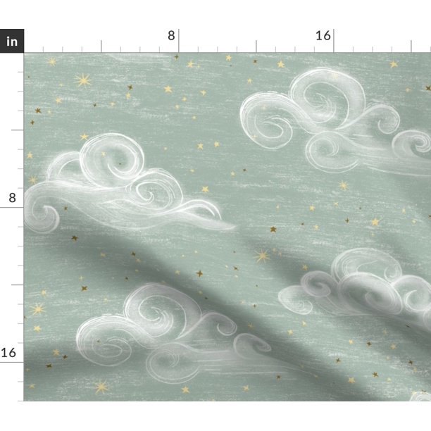 Organic Cotton Sateen Fabric Fat Quarter Whimsical Clouds HandDrawn