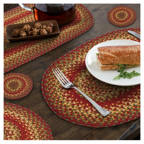 Homespice Cider Barn Red Jute Braided Table Accessories ( Pack Of 17 ) 4" Coaster (6pcs), 8" Trivet (3pcs) and 15"Placemat (2pcs) 13x19" Placemat (6pcs)
