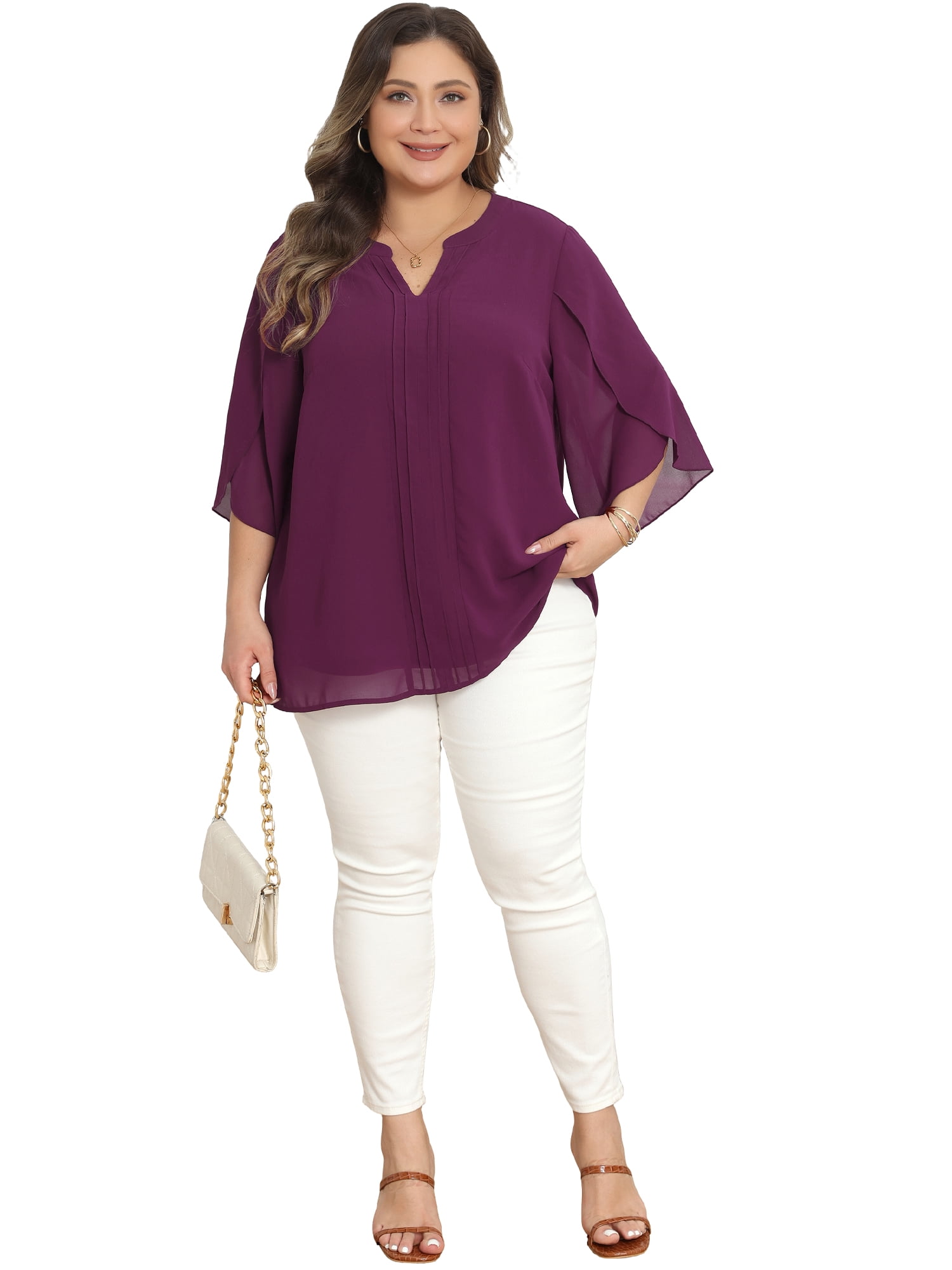 DARING DIVA Women's Plus Chiffon Pleated Front 3/4 Sleeve Top 1X Purple
