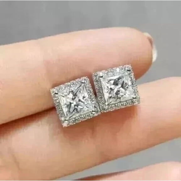 2Ct Princess Cut White Lab Created Diamond Women's Stud Earrings 14k White Gold Plated