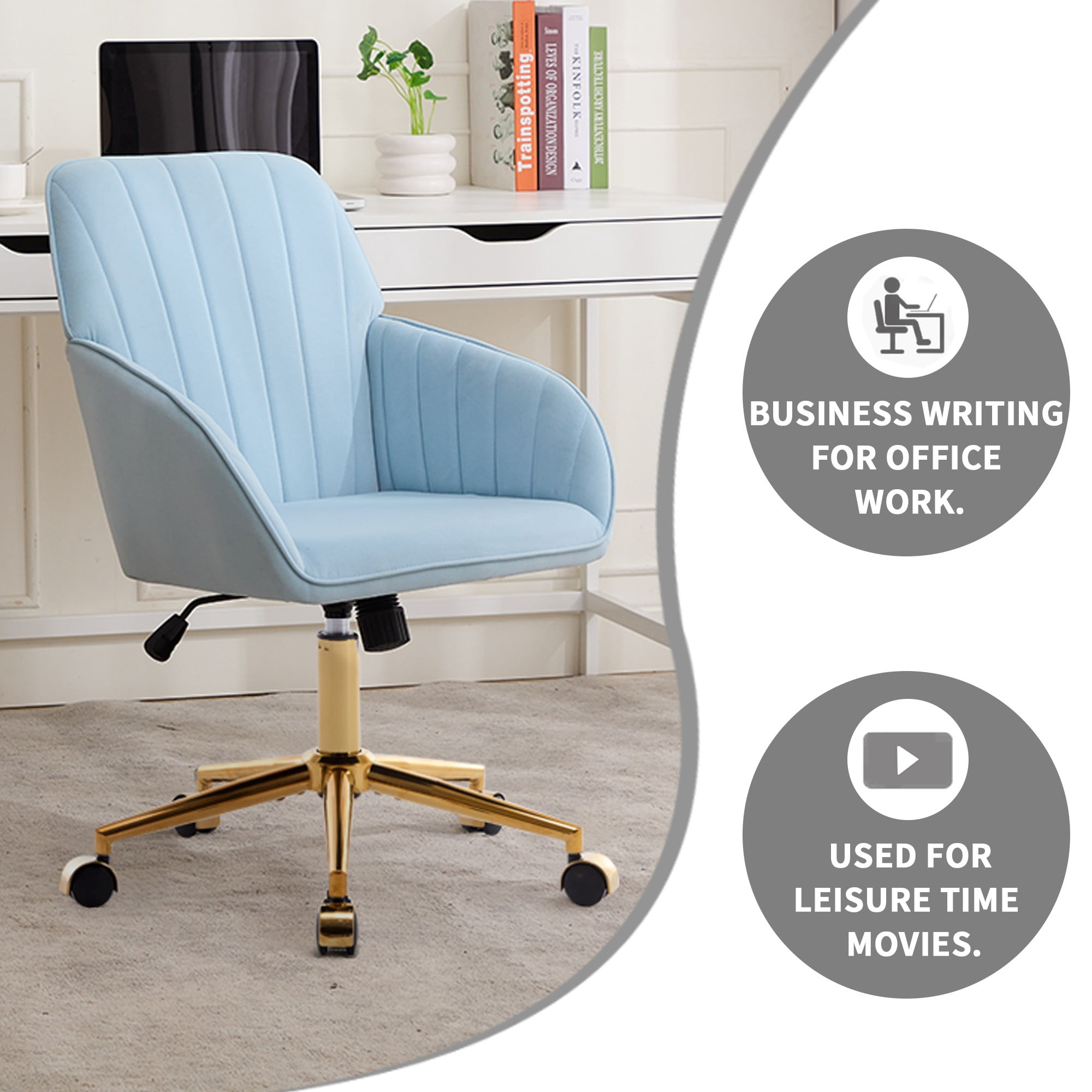 Modern Arm Chair,Adjustable Office Desk Chair with Wheels,Swivel Vanity Chair,Blue