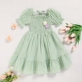 thumbnail image 2 of ZEHJUHAN Toddler Girls' Solid Color Bubble Sleeve A-Line Dress With Hand-Crocheted 3D Flower, Summer Tie Back Sundress for Vacation & Holidays, Green，5Y, 2 of 7
