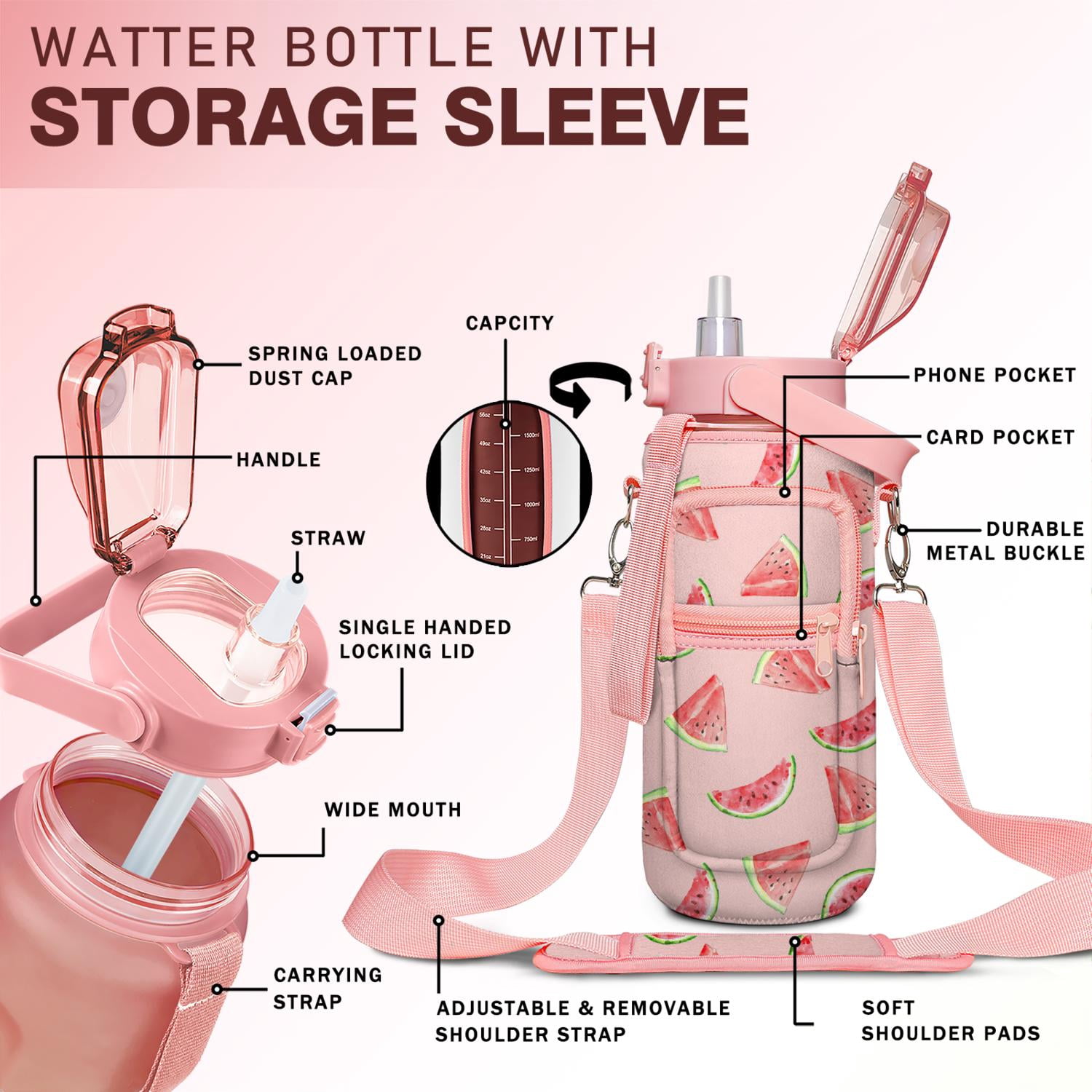 Watermelon 64 Oz Water Bottle with Measurements - BPA Free Leakproof Sport Large Plastic Water Bottle with Straw Strap & Insulated Neoprene Holder Carrier Bag Great Gift for Women Men