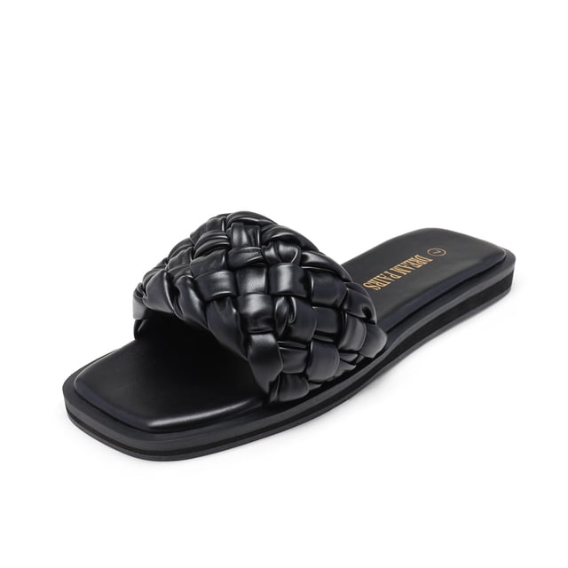 Sandalias tipo Slide DREAM PAIRS para mujer talla 7 negras con tiras trenzadas y suela plana