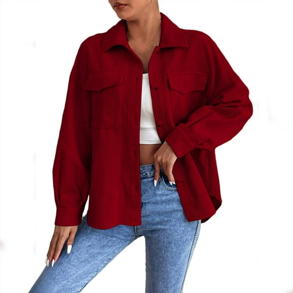 Wensltd Women Corduroy Cardigan Long Sleeve Jacket Turndown Collar Button Down Shirt Lightweight