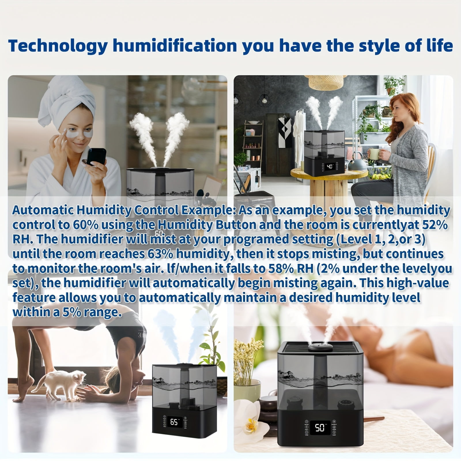 7L/1.85Gal Home Humidifier - 60H Runtime, Top-Fill, 360° Nozzle, Dual Mist, Aroma Diffuser, Baby/Office