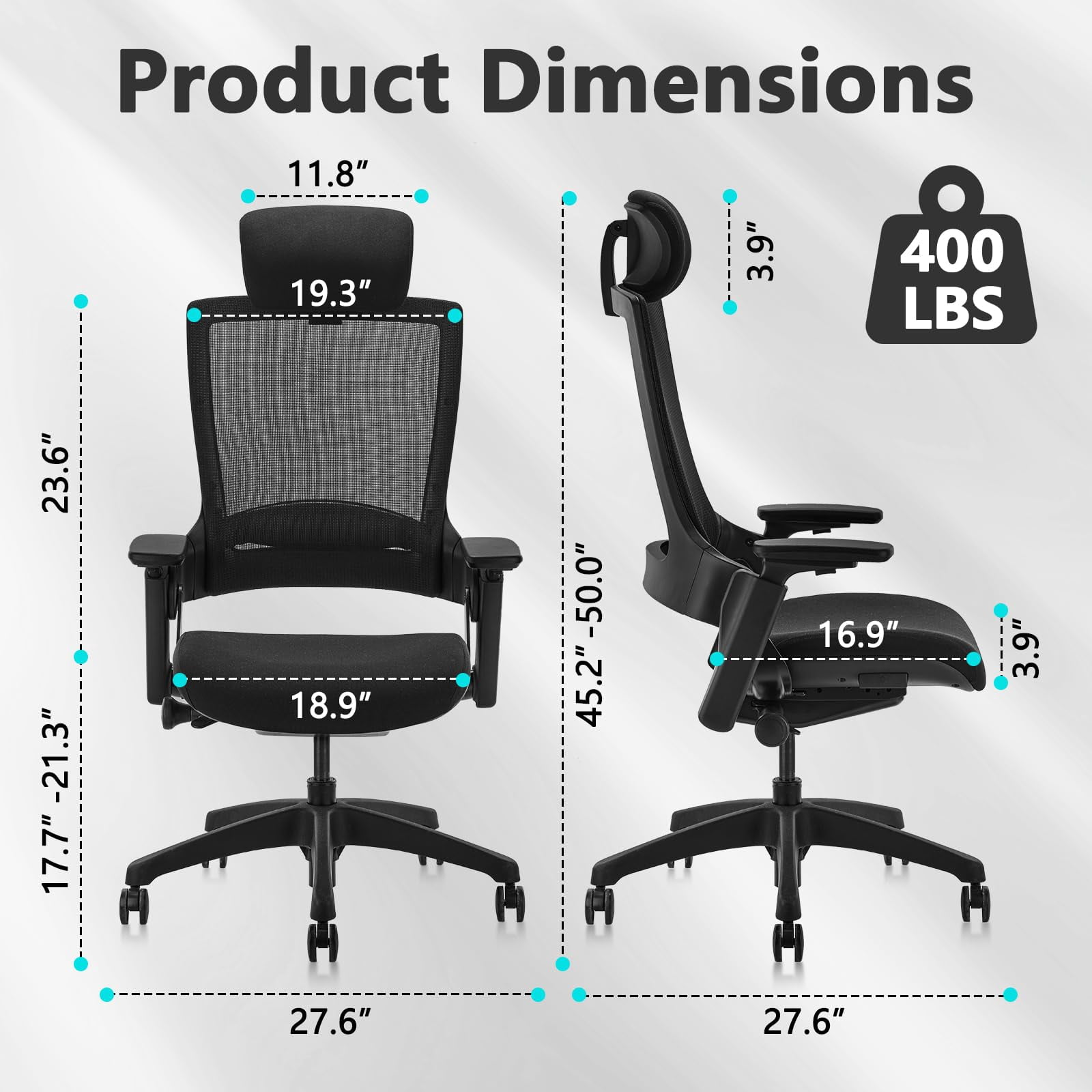 CLATINA Ergonomic High Swivel Executive Chair with Adjustable Height Head 3D Arm Rest Lumbar Support and Upholstered Back for Home Office Black Mesh/High Back
