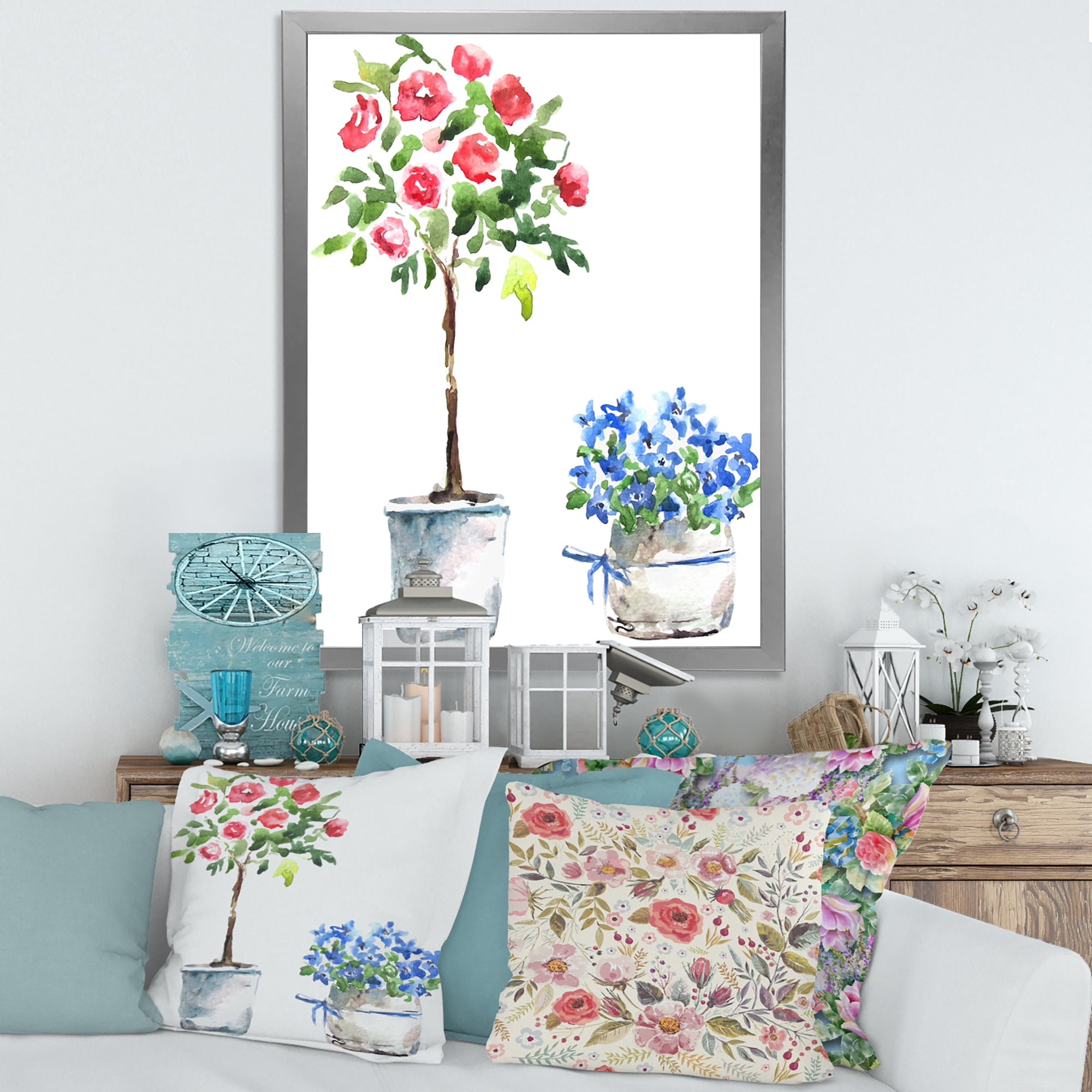 Designart 'Red and Blue Houseplants' Traditional Framed Art Print