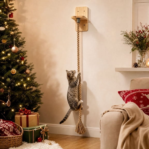 HOARBOEG Wall Mounted Cat Scratching Post, Cat Climbing Rope 51.2 Inch with Sisal Rope and Wood Base, Cat Scratching Rope Wall Hanging Cat Wall Activity Toy