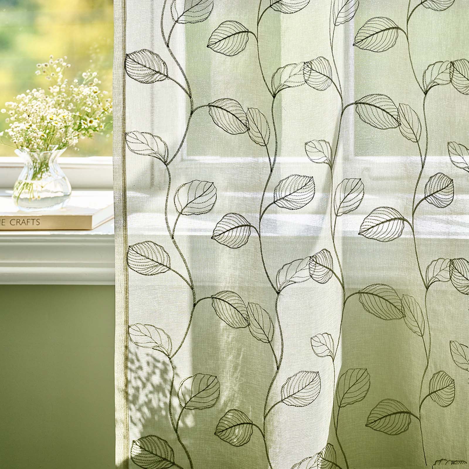 Curtainking Sheer Curtains for Living Room Embroidered Leaf Window Curtains 84 inch Length light Filtering Drapes Bedroom Rod Pocket 2 Panels Sage