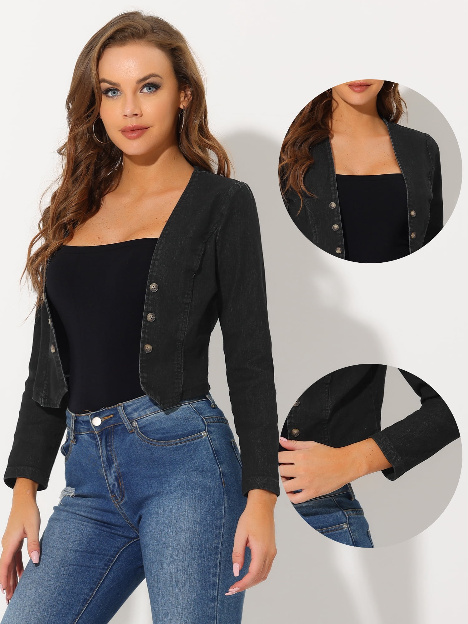DARING DIVA Women's Denim Cropped Jacket Open Front Collarless Bolero Shrug M Black