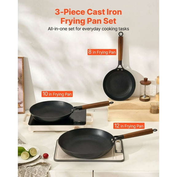 3-Piece Cast Iron Skillet Set, 8/10/12 Inch, Pre-Seasoned, Nonstick, Black