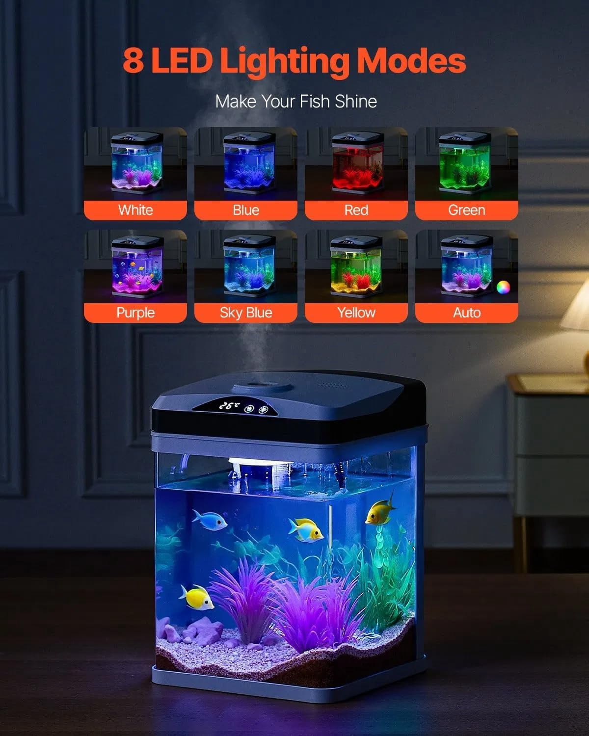 PUPIX 2 Gallon Fish Tank Aquarium Smart LED Glass Aquarium Self Cleaning Filtration Touch Control 7 Color Lighting Clear Glass