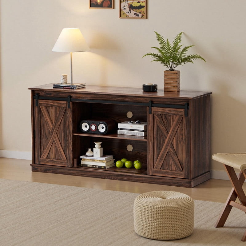 Farmhouse TV Stand for 65 Inch TV, Rustic Brown Media Console Cabinet with Sliding Barn Doors, Adjustable Shelves, 300 lb Capacity