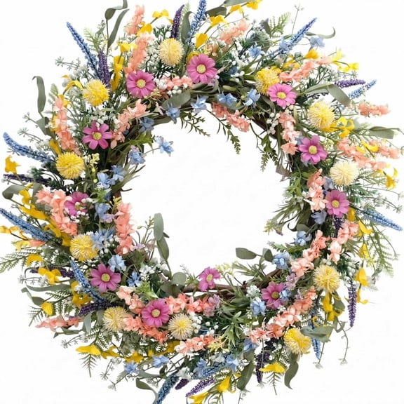22 Inch Spring Wreath with Vibrant Daisy and Lavender Silk Flowers Professional Spring Wreaths for Front Door Outdoor Porch Display Aesthetic Floral Spring Decor for Home Garden Wall