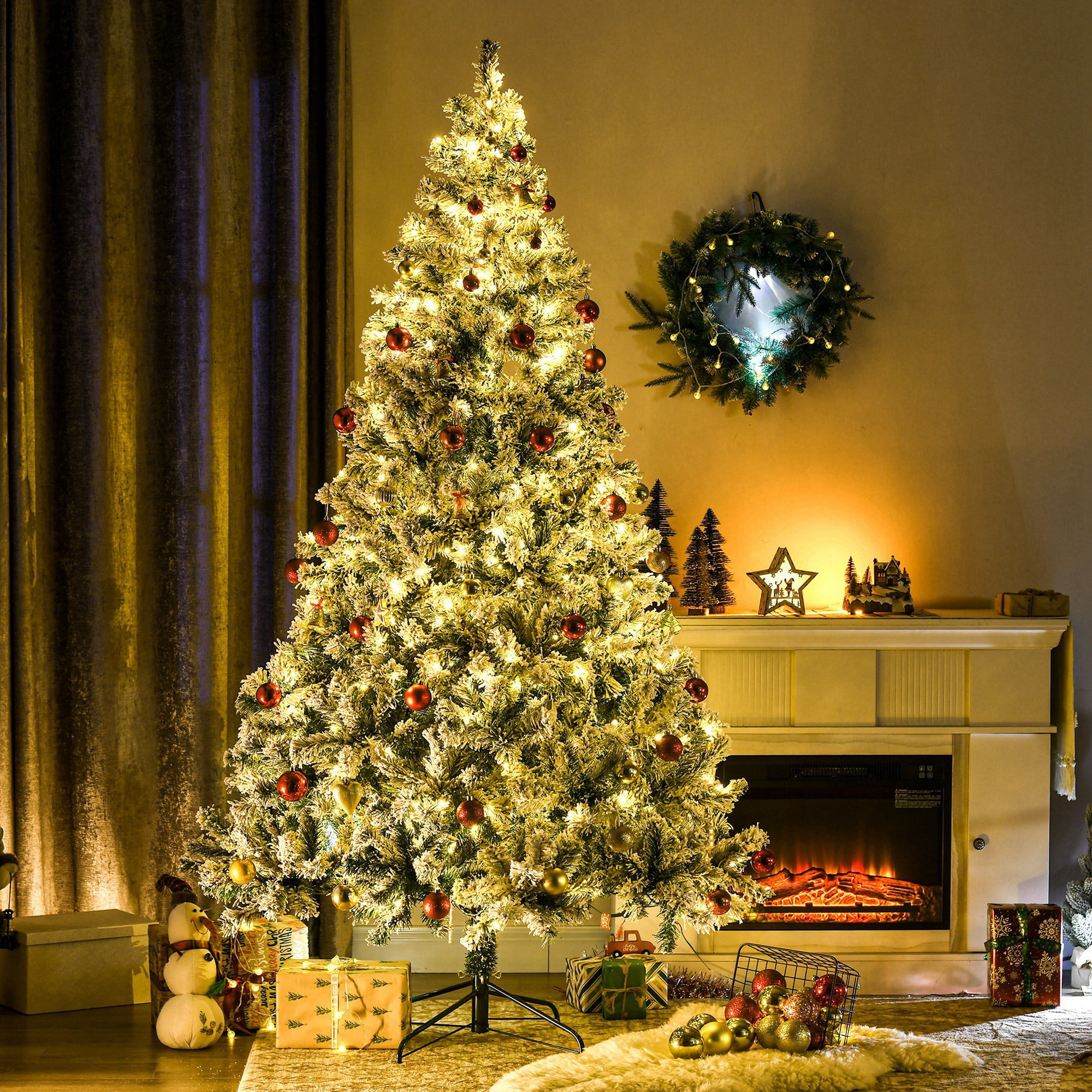 7.5ft Prelit Snow Flocked Christmas Tree with 550 LED Lights 1149 Tips Auto-Open Branches Indoor Decor