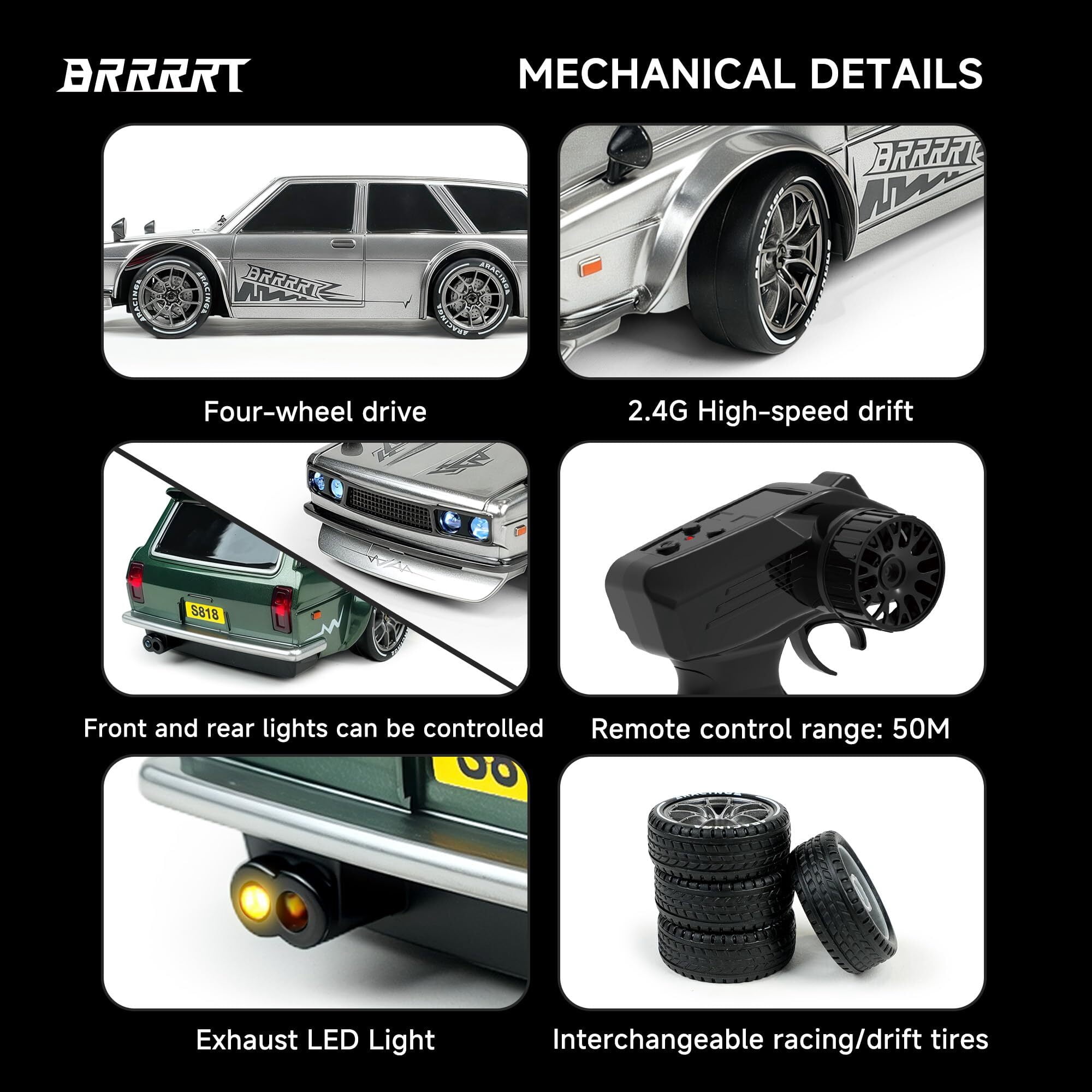 BRRRRT RC Drift Car 1:24 2.4GHz 4WD High Speed Remote Control Cars Vehicle with LED Lights, 20KM/H Mini RC Race Car Toys for Boys Kids Adults