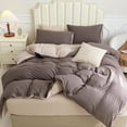 thumbnail image 6 of Pure Era Reversible Jersey Knit Cotton Duvet Cover Set 2xPillow Shams (Solid Brown/Tan,Queen), 6 of 7