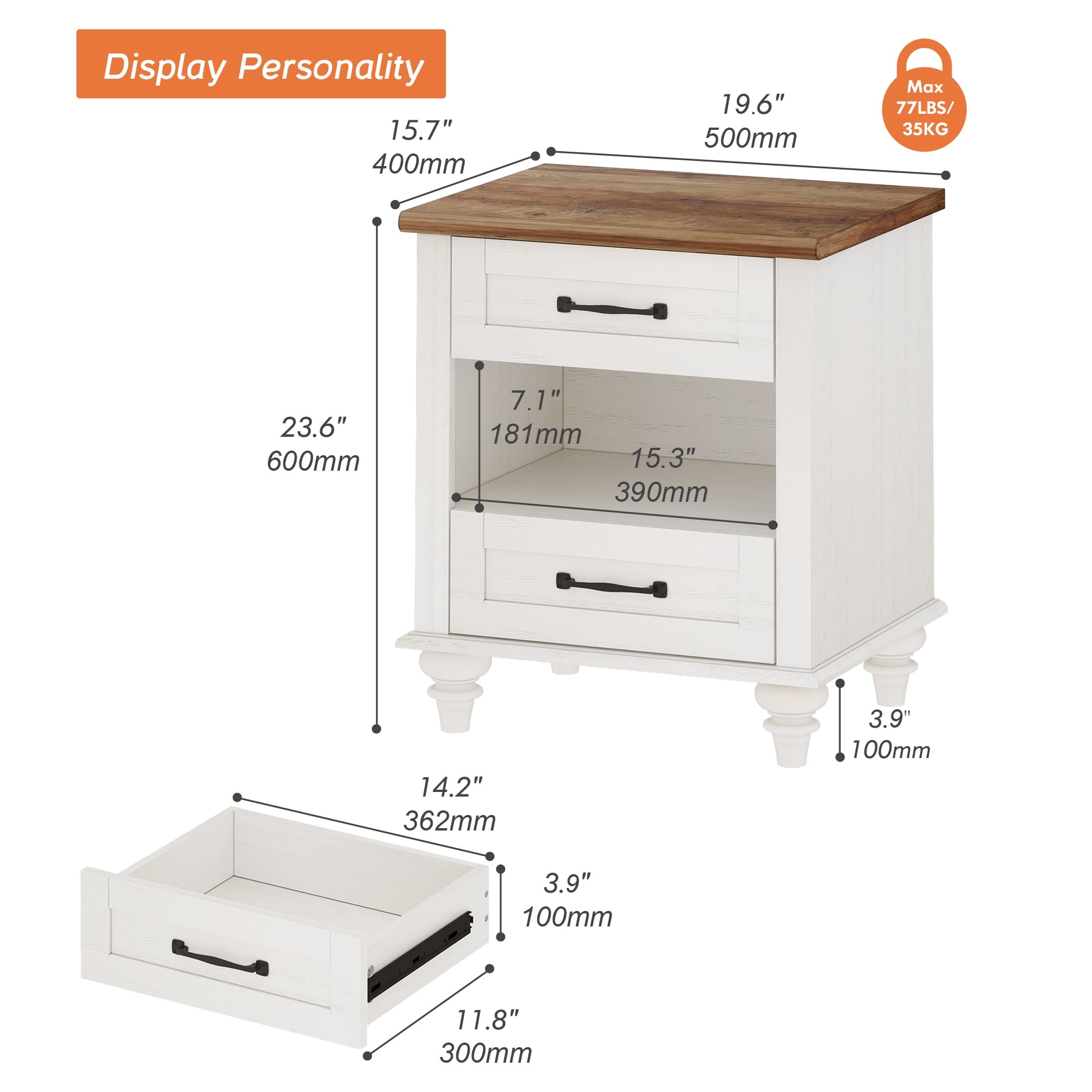 White Nightstand with Charging Station for Bedroom, Wood End Table for Living Room Kids room