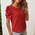 thumbnail image 3 of Camiseta con cuello redondo para mujer, manga corta abombada, Jacquard hueco, Color puro, holgada, camiseta de verano, color rojo XL, 3 of 7