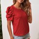 thumbnail image 3 of Camiseta holgada de mujer con mangas cortas abullonadas y cuello redondo - Talla XL Top de verano de jacquard rojo calado, 3 of 7