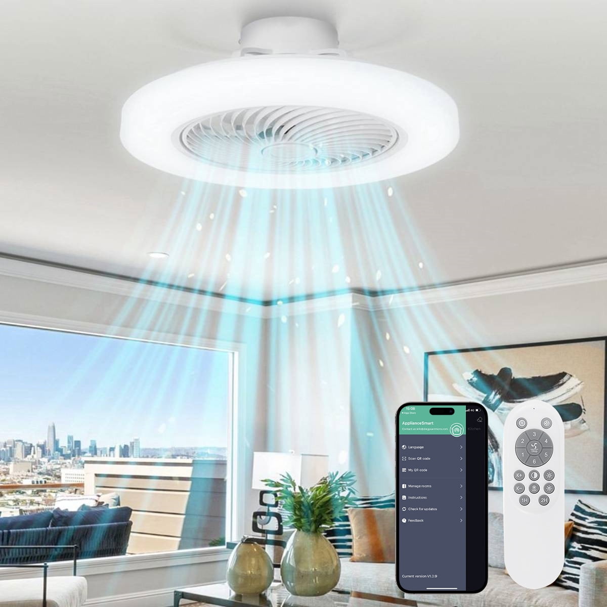Blitzwill 21'' Ceiling Fan with Light, Flush Mount Bladeless Ceiling Fan, Dimmable 3 Lighting