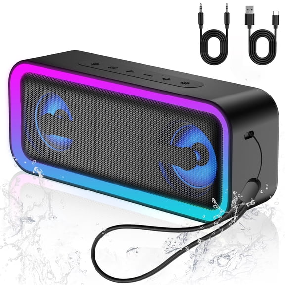 Portable Bluetooth Speaker IP7 Waterproof, 30W Loud Sound Wireless Ultra Bluetooth Speaker, 24H Playtime, Deep Bass, BT5.4, Colorful LED Lights,Suitable for Home/Party/Outdoor/Beach/Gift Deep Black