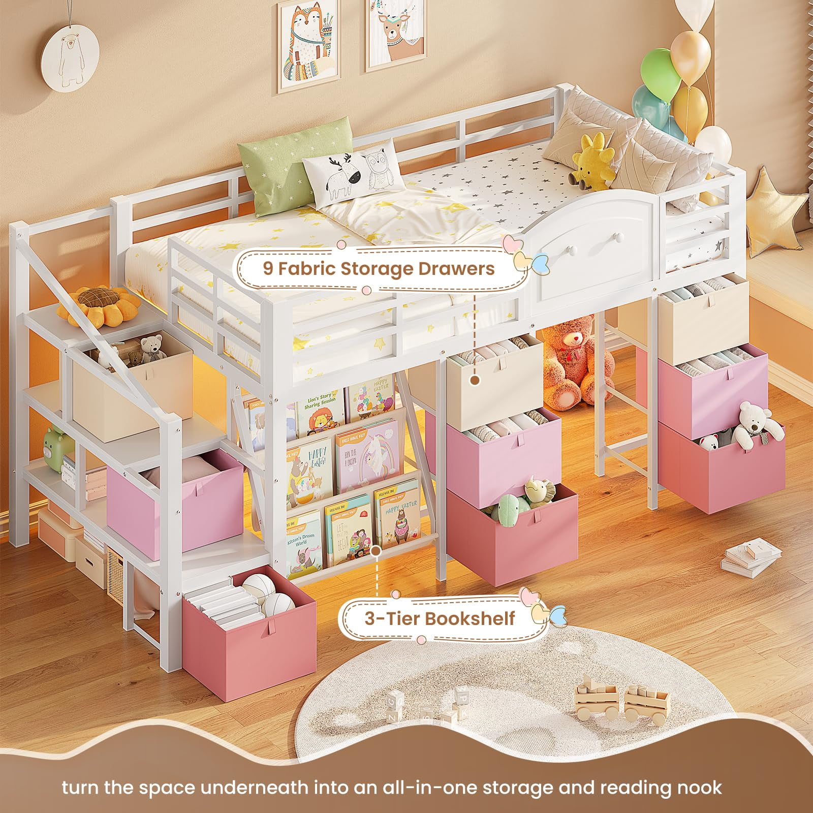 Low Loft Bed with Storage Stairs & Drawers & Shelves, LED Twin Metal Loft Bed with Under-Bed Playhouse, White