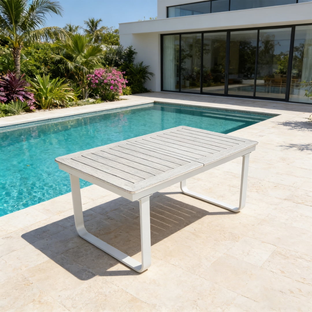 97 in Expandable Patio Outdoor Dining Table with U-Shape Legs for 6-8 Person, Distressed White