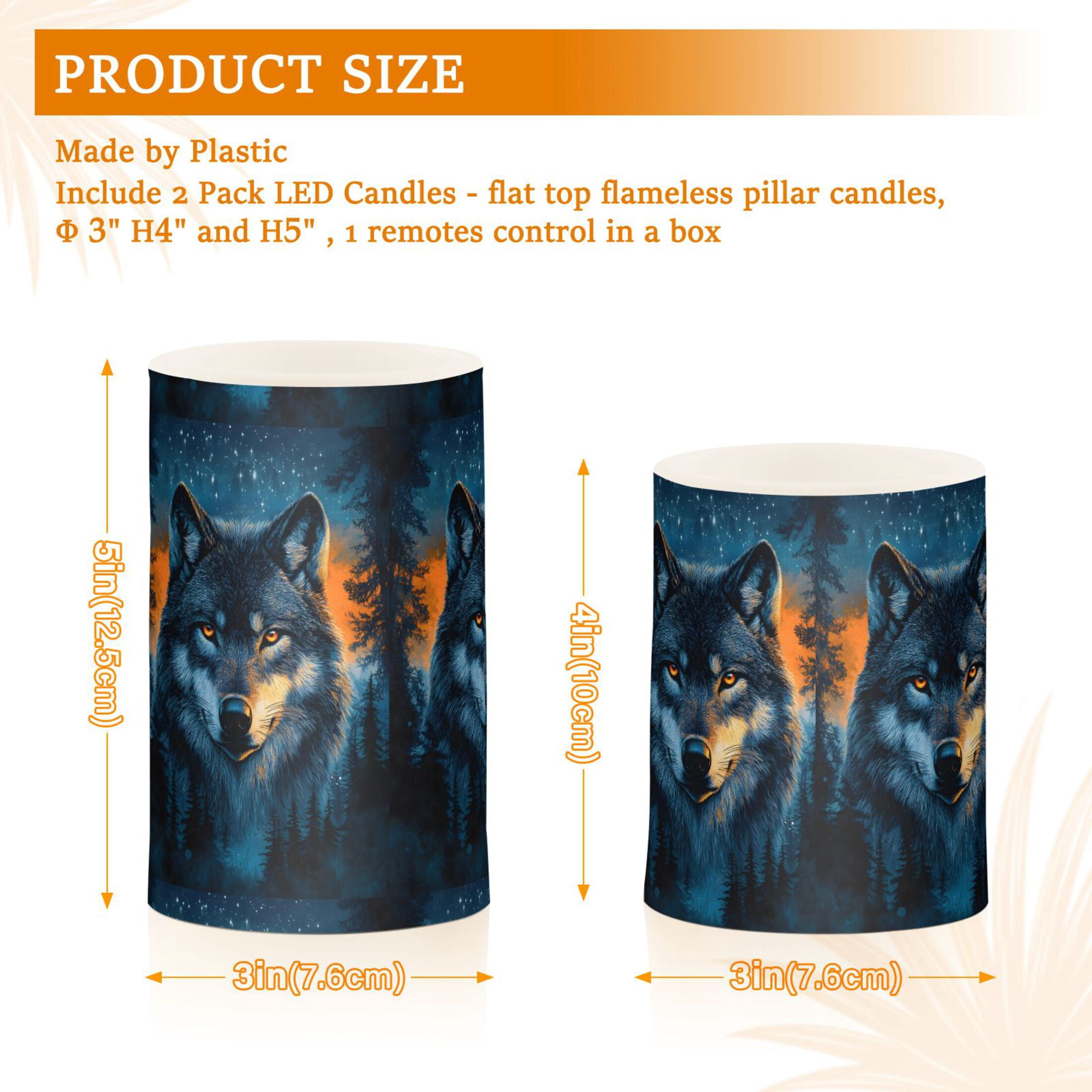 Wolf Flickering Flameless Candles Battery Operated with Remote Timer LED Pillar Candles Set of 2