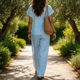 thumbnail image 4 of Women's Linen Cotton 2 Piece Pants Sets Dressy Front Twist Knot Short Sleeve Blouse Wide Leg Business Casual Outfits Light Blue XXL, 4 of 4