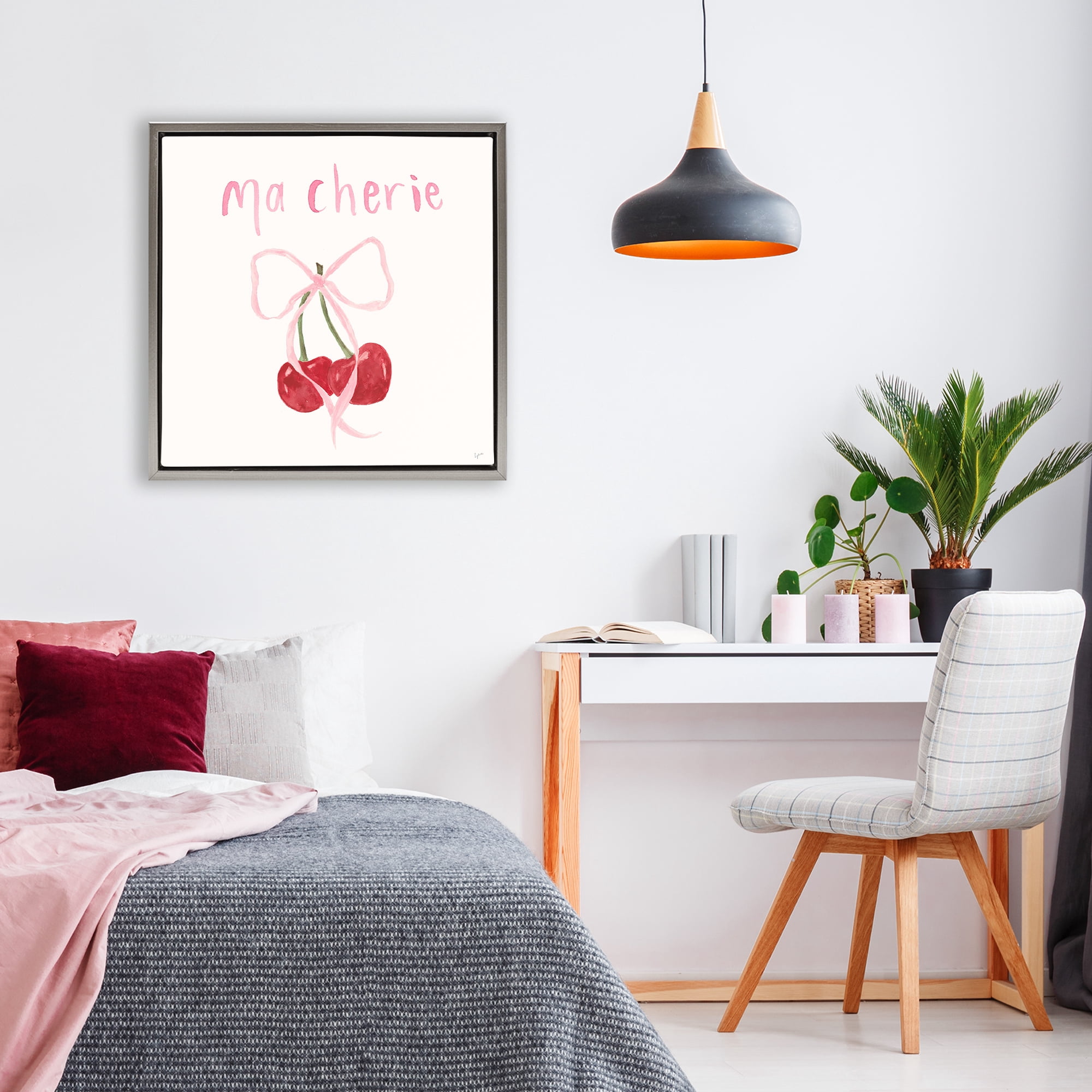 Stupell Industries Ma Cherie Ribboned Cherries Gray Framed Floater Canvas Wall Art, design by Lucille Price