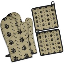 Paw Prints and Bones Kitchen Oven Mitt and Pot Holder Sets 4 Pcs for Baking, Cooking and Grilling, Heat Resistant Up To 392 °F