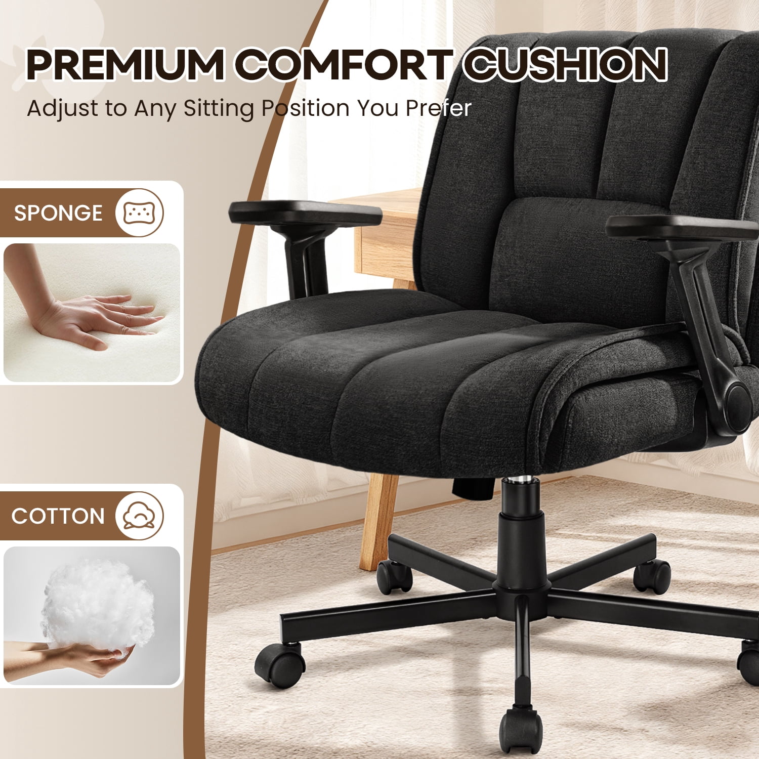 BOSSIN Criss Cross Chair with Wheels,Cross Legged Office Chair,Wide Criss Cross Chair with Flip-Up Arms & Extra-Deep Seat Thickened for Office Chair,Plush Cushion,Cute,Comfy,Black