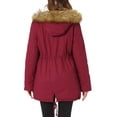 thumbnail image 3 of Chaqueta de parka de invierno para mujer Allegra K, abrigo acolchado largo, cálido, a prueba de viento, con capucha de piel sintética, XL, rojo oscuro, 3 of 6