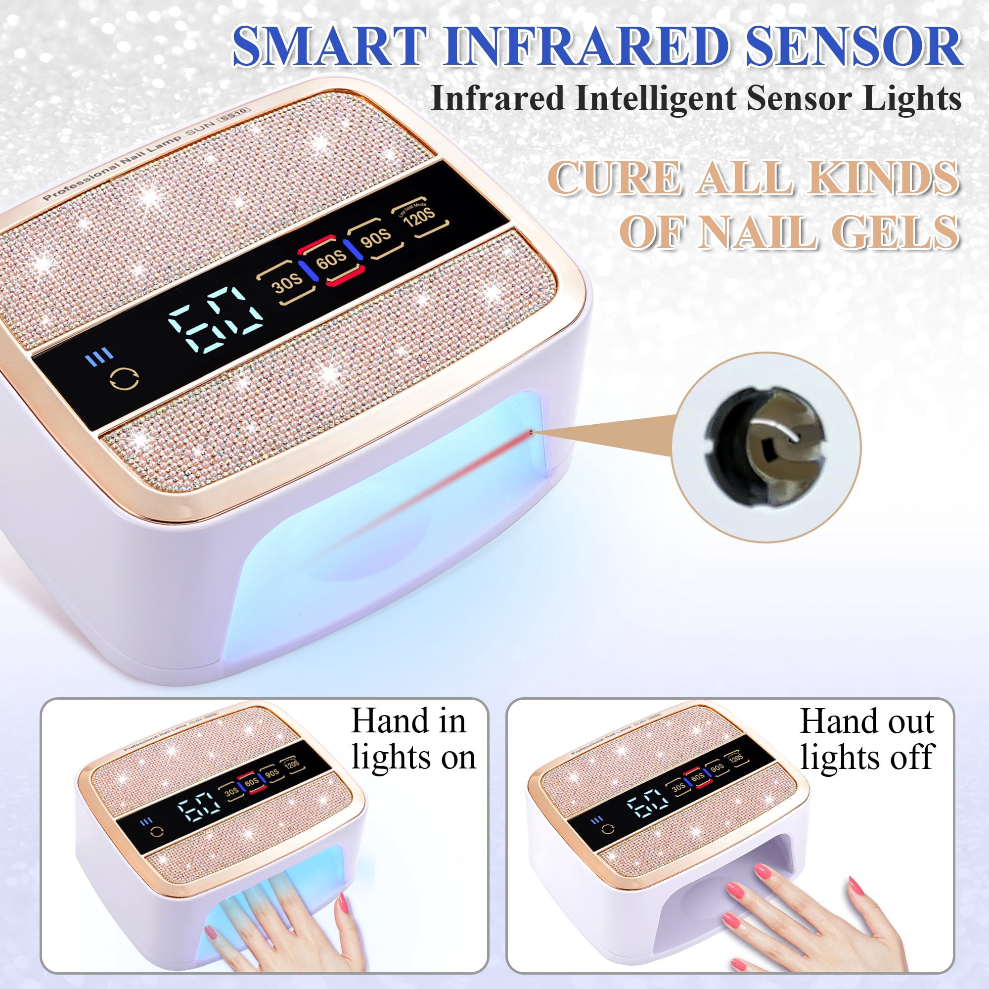TJT UV LED Nail Lamp, 168W Rechargeable Cordless Nail Lamp for gel polish, Professional 4 Timer Modes and LCD Display with Crystal Diamonds，White
