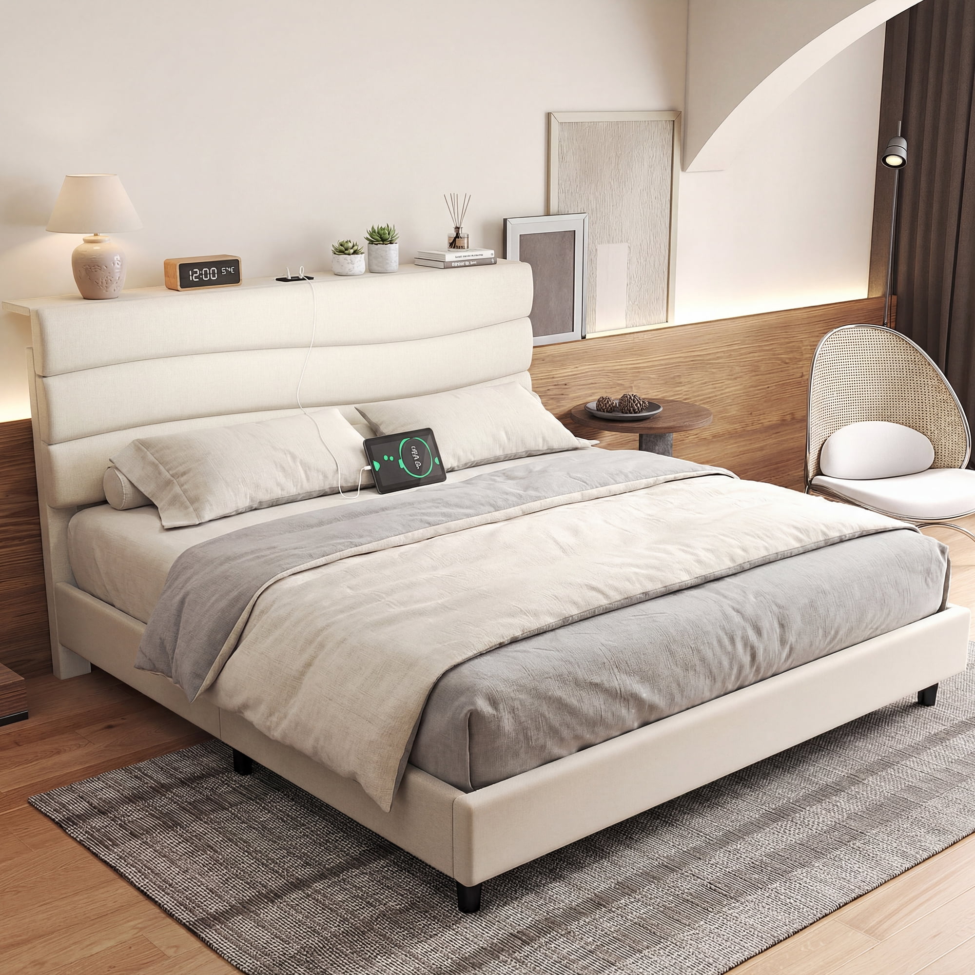 Queen Size Bed Frame with Storage Platform Upholstered Bed Frame with Adjustable Headboard & Charge Station,Beige