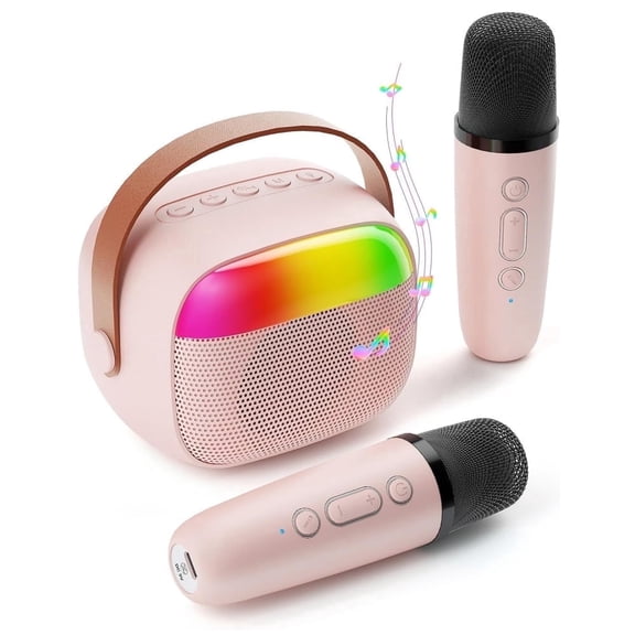 Baprem Kids Karaoke Machine for Girls Boys Age 3 , Mini Bluetooth Speaker with Microphones & Lights, Portable Karaoke Singing Machine for Adults Birthday Christmas Home Party, Pink