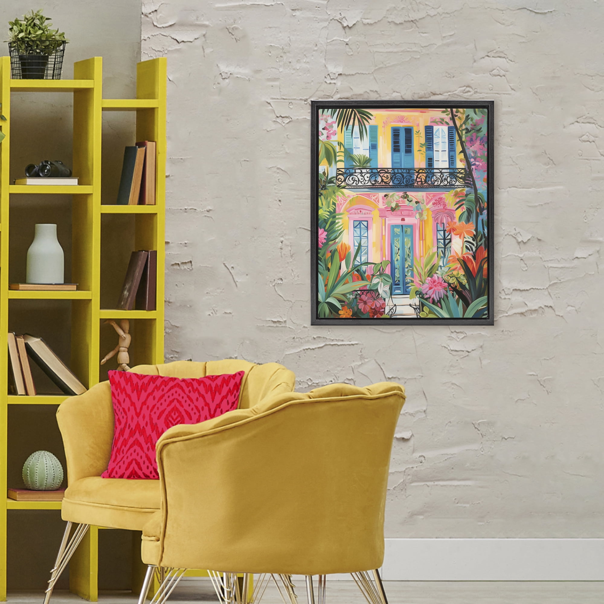 Stupell Industries Colorful Facade with Tropical Garden Black Framed Floater Canvas Wall Art, design by LSR Design Studio