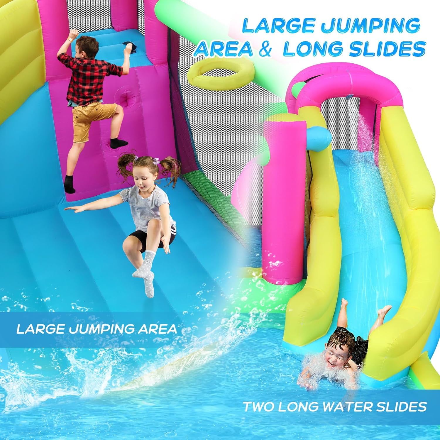 JOYMOR 8-in-1 Inflatable Water Slide Bounce House for Kids Backyard w/2 Slides, 2 Climbing Wall, Ring-Toss, Large Pool, 1min Blow Up Water Slide Includes 750w Air Blower, Storage Bag