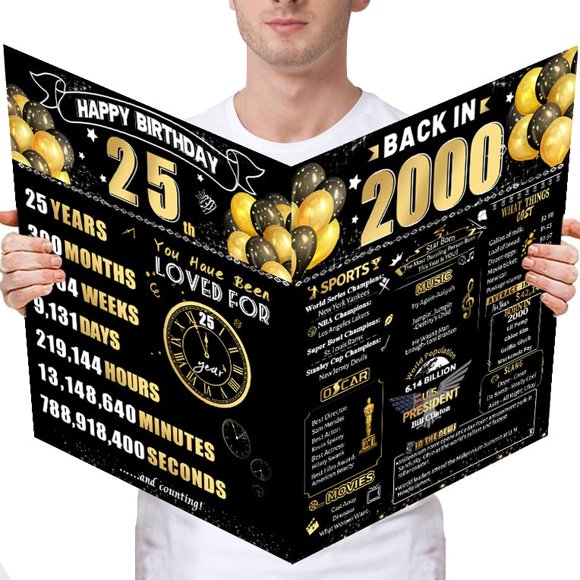 Tarjeta de cumpleaños Jumbo FOBELEC para 25 años, con sobre, color negro y dorado, retro