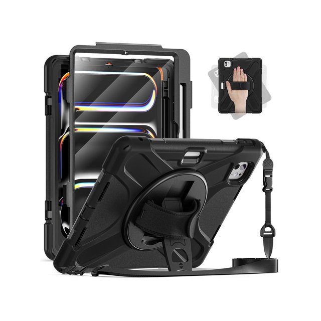 Case for iPad Pro 11 Inch M4 2024 5th Generation A2836/A2837/A3006 with Built-in Screen Protector, 360° Rotating Stand, Adjustable Shoulder Strap, Precise Cutouts, Pencil Holder