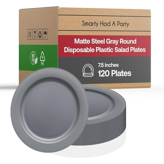 Disposable Plastic Plates, Heavy Duty Matte Round Design Dinnerware, 120 pcs Bulk Order Party Supplies For Wedding, Birthday & All Occasions (120 pcs 7.5" Salad Plates, Steel Gray)